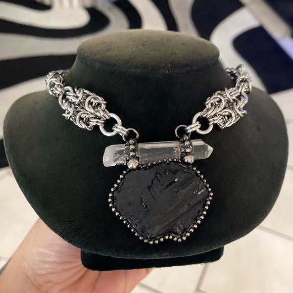 Natural black tourmaline & clear crystal quartz charm boho goth maille necklace - Picture 2 of 13